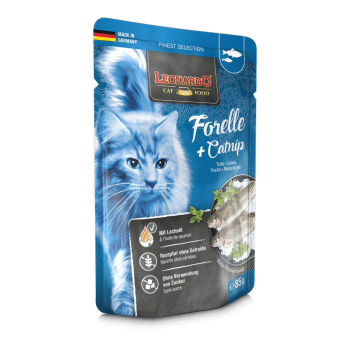 Leonardo Trout + Catnip Adult Cat Wet Food Pouch 85g - Image 1