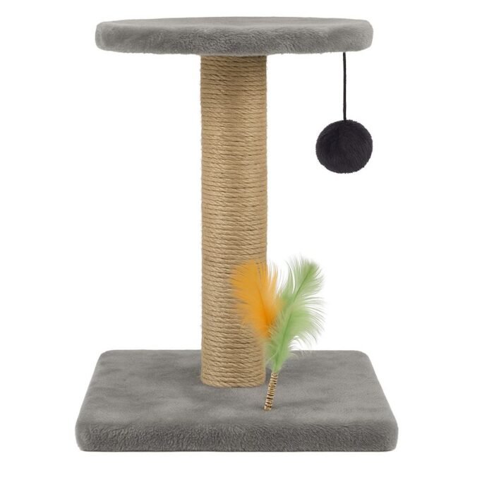 Gray Cat Scratching Post with Feathers - Image 1