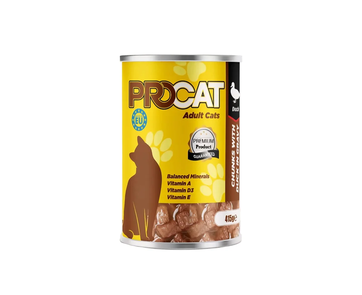 02E0C1B8-F2BA-4A08-B413-20D6A6FE2982 Pro Cat Wet Food for Adult Cats, chunkes in gravy with duck, 415g - Image 1