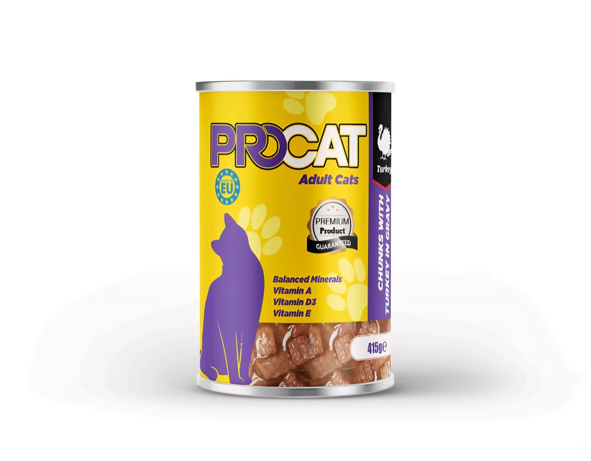 BB982B4D-722D-49DC-882C-85AC1C5F4A61 Pro Cat Wet Food for Adult Cats, chunkes in gravy with Turkey, 415g - Image 1